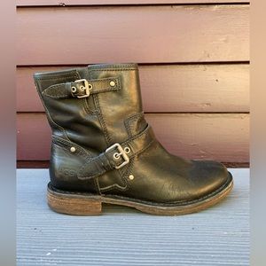 UGG Fabrizia Black Leather Moto Shearling Sole Women Boots Sz EU 37.5 US 6.5